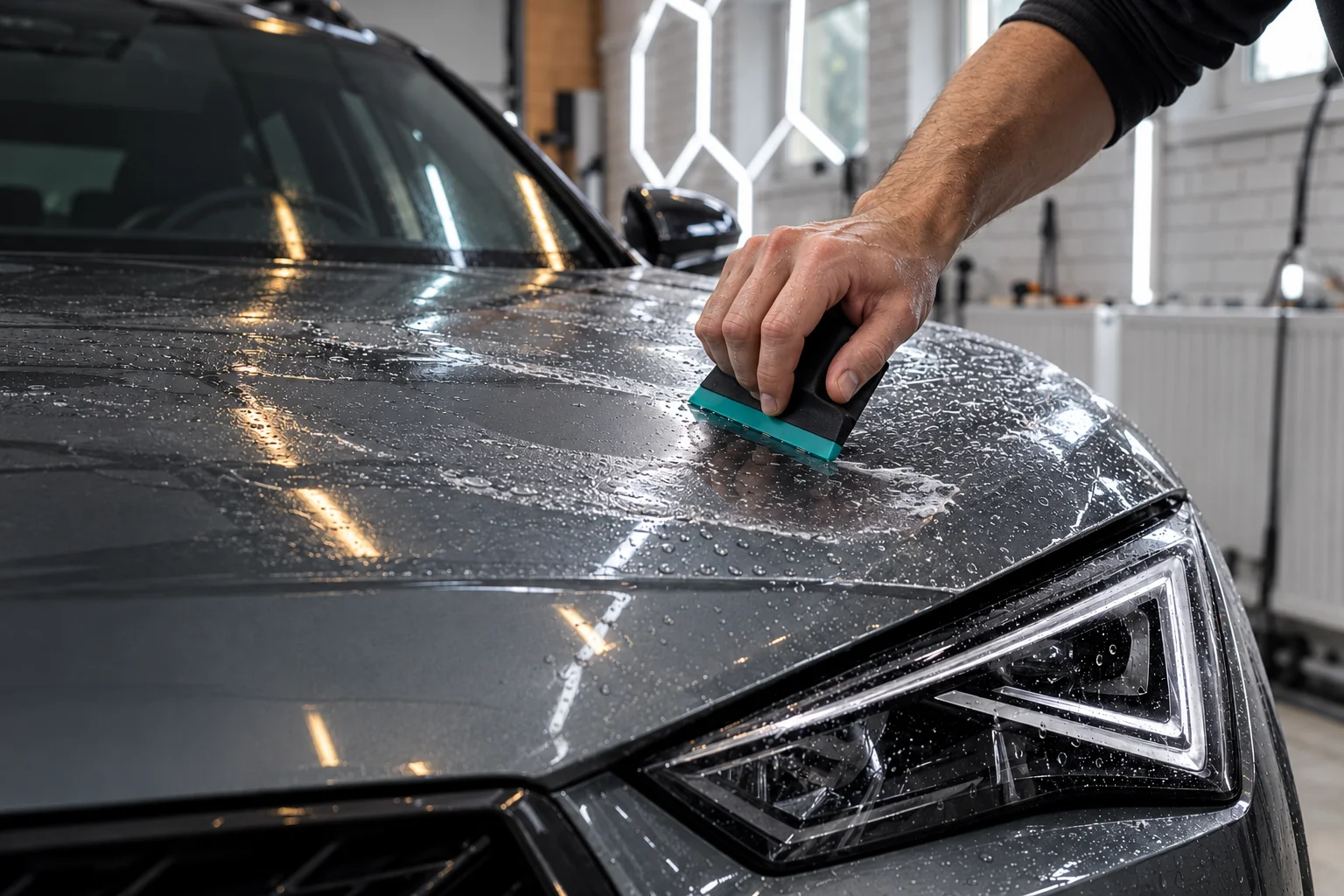 Ilustračný pohľad na auto v detailingovom štúdiu – PPF ochranné fólie