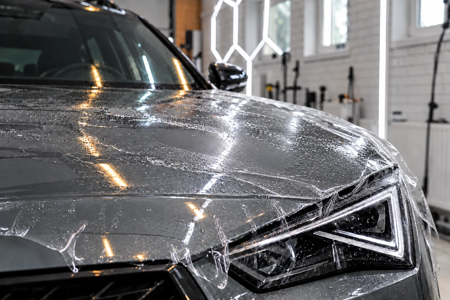 Ilustračný pohľad na auto v detailingovom štúdiu – PPF ochranné fólie