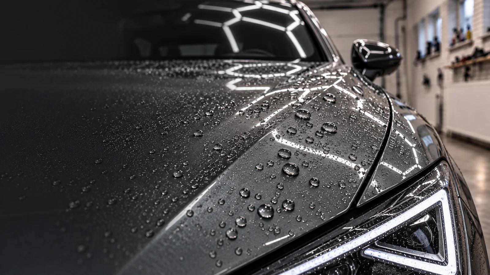Ilustračný vizuál hydrofóbnej keramickej ochrany laku s kvapkami vody – Ďuriš Autodetail Žilina
